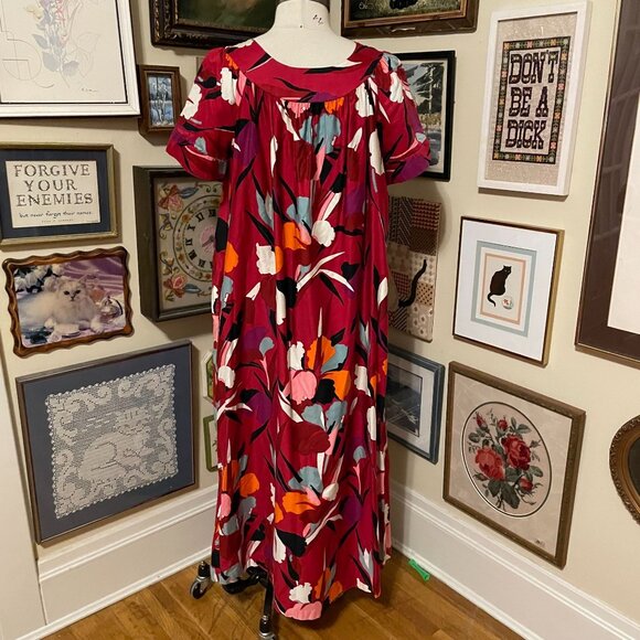 Vintage Sears Red 100% Cotton Floral Short Sleeve Midi Dress with Pockets Size L - Picture 3 of 4